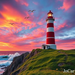 A majestic lighthouse standing tall on a rugged cliff, against a beautiful sunset sky filled with vibrant oranges, pinks, and purples