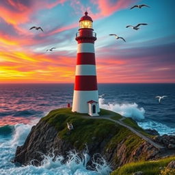 A majestic lighthouse standing tall on a rugged cliff, against a beautiful sunset sky filled with vibrant oranges, pinks, and purples
