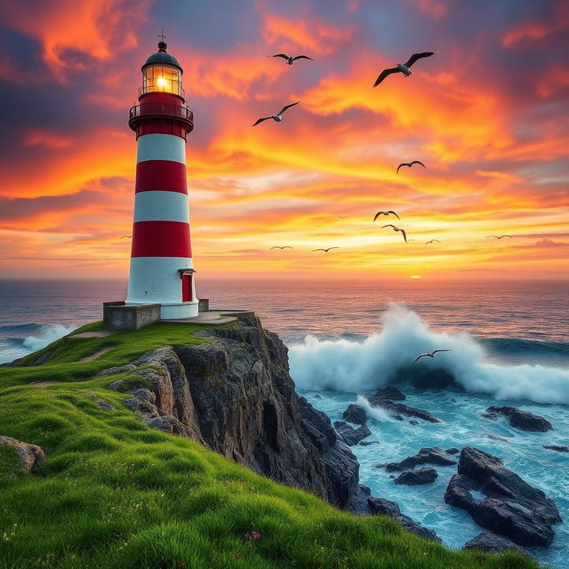 A majestic lighthouse standing tall on a rugged cliff, against a beautiful sunset sky filled with vibrant oranges, pinks, and purples