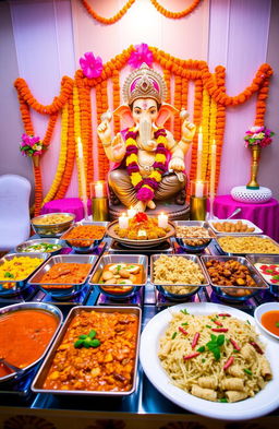 A vibrant catering scene featuring a beautifully arranged spread of Indian cuisine, including colorful dishes like spicy curry, fragrant biryani, and various appetizers beautifully garnished