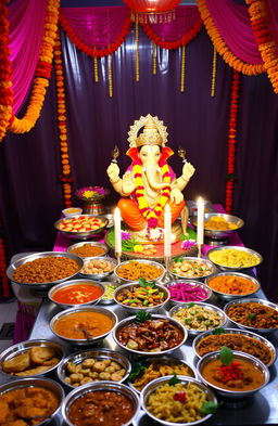 A vibrant catering scene featuring a beautifully arranged spread of Indian cuisine, including colorful dishes like spicy curry, fragrant biryani, and various appetizers beautifully garnished