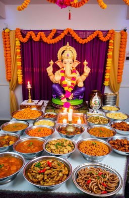 A vibrant catering scene featuring a beautifully arranged spread of Indian cuisine, including colorful dishes like spicy curry, fragrant biryani, and various appetizers beautifully garnished