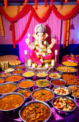 A vibrant catering scene featuring a beautifully arranged spread of Indian cuisine, including colorful dishes like spicy curry, fragrant biryani, and various appetizers beautifully garnished