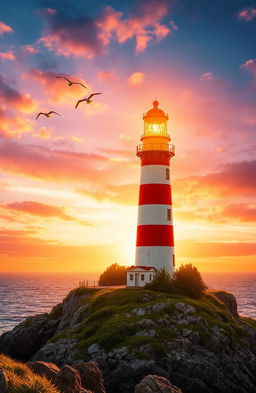 A majestic lighthouse standing tall on a rocky shore, bathed in the warm golden light of a setting sun