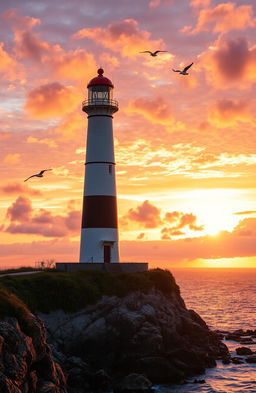 A majestic lighthouse standing tall on a rocky shore, bathed in the warm golden light of a setting sun