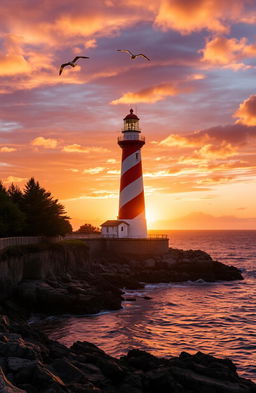 A majestic lighthouse standing tall on a rocky shore, bathed in the warm golden light of a setting sun