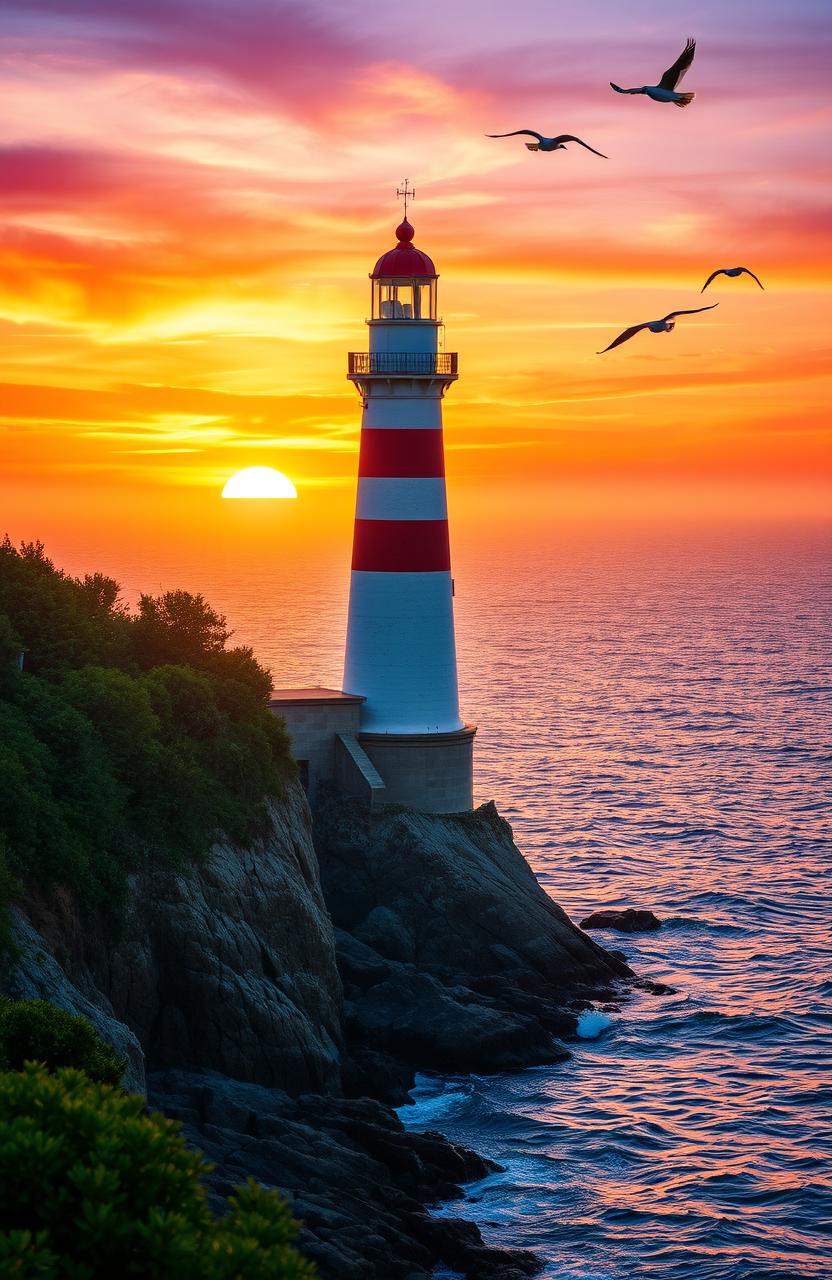 A majestic lighthouse standing tall on a rocky shore, bathed in the warm golden light of a setting sun