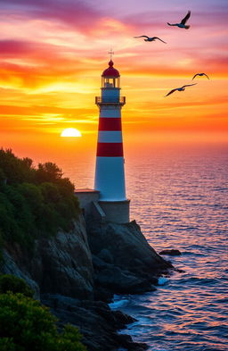 A majestic lighthouse standing tall on a rocky shore, bathed in the warm golden light of a setting sun