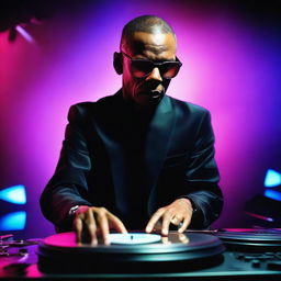 A stylish, professional portrait of DJ Jeff Mills performing on a turntable against a backdrop of neon lights.