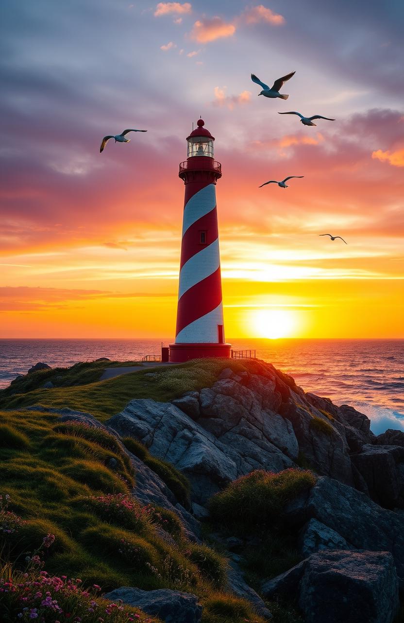 A beautiful scene of a lighthouse standing tall on a rocky coastline, with the sun setting in the background