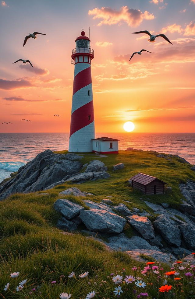 A beautiful scene of a lighthouse standing tall on a rocky coastline, with the sun setting in the background