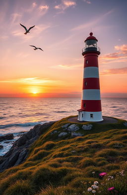 A beautiful scene of a lighthouse standing tall on a rocky coastline, with the sun setting in the background