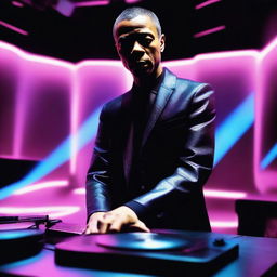 A stylish, professional portrait of DJ Jeff Mills performing on a turntable against a backdrop of neon lights.