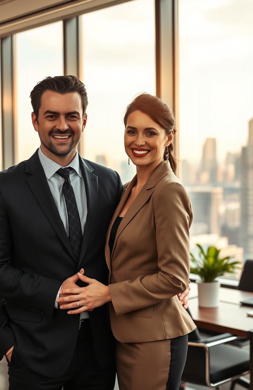 A handsome CEO with a confident demeanor, wearing a tailored suit, holding his beautiful secretary close in a modern office environment