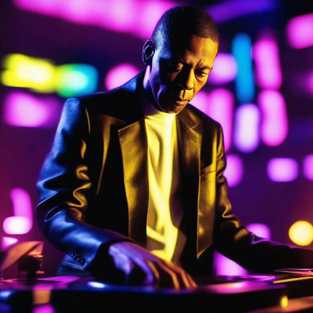 A stylish, professional portrait of DJ Jeff Mills performing on a turntable against a backdrop of neon lights.