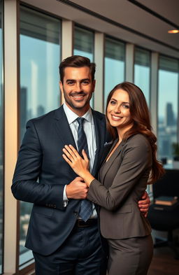 A handsome CEO with a confident demeanor, wearing a tailored suit, holding his beautiful secretary close in a modern office environment