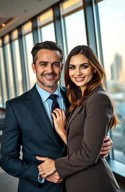 A handsome CEO with a confident demeanor, wearing a tailored suit, holding his beautiful secretary close in a modern office environment