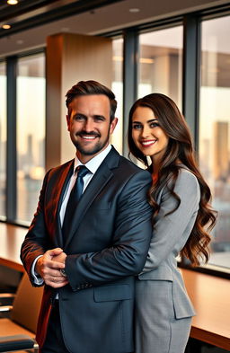 A handsome CEO with a confident demeanor, wearing a tailored suit, holding his beautiful secretary close in a modern office environment