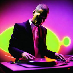 A stylish, professional portrait of DJ Jeff Mills performing on a turntable against a backdrop of neon lights.