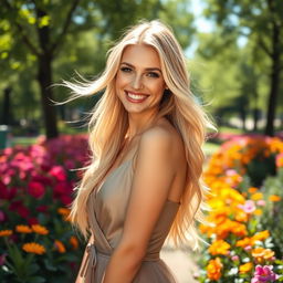 A stunning blonde woman with long flowing hair wearing a stylish, elegant dress, standing in a sunny park filled with vibrant flowers