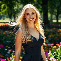 A stunning blonde woman with long flowing hair wearing a stylish, elegant dress, standing in a sunny park filled with vibrant flowers