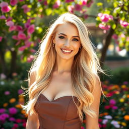 A stunning blonde woman with long flowing hair wearing a stylish, elegant dress, standing in a sunny park filled with vibrant flowers