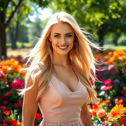 A stunning blonde woman with long flowing hair wearing a stylish, elegant dress, standing in a sunny park filled with vibrant flowers