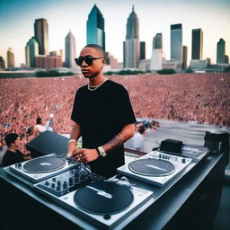 Jeff Mills and Miley Cyrus DJing at Hart Plaza during sunset, immersed in a sea of cheering fans, with the Detroit skyline blooming in the background