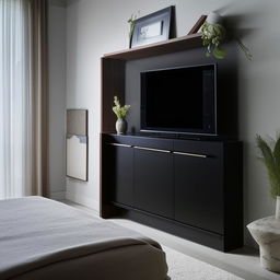 An elegant TV cabinet wall unit design, blending seamlessly into a bedroom setting, featuring an adjacent clothing cabinet.