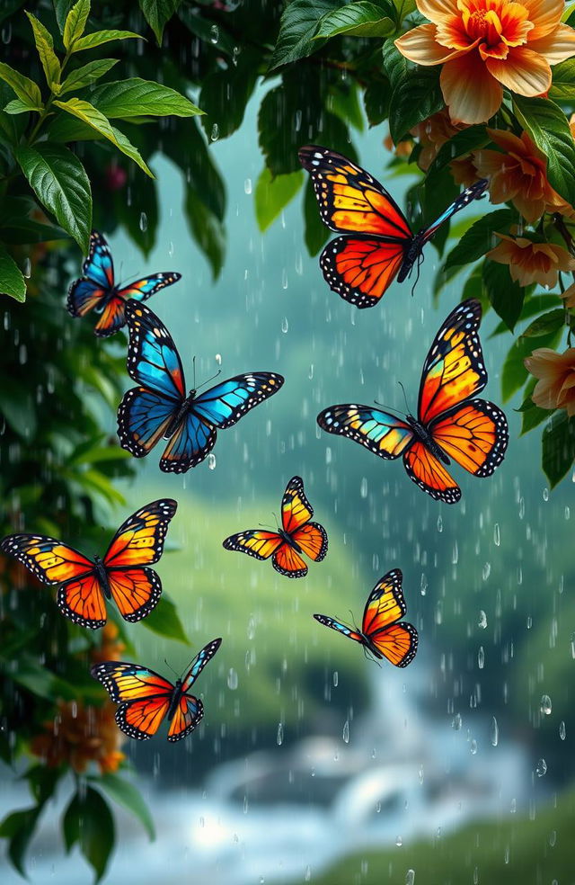 A beautiful scene of colorful butterflies fluttering gracefully in the rain