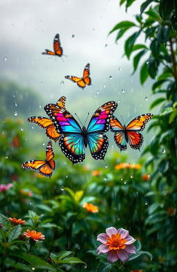 A beautiful scene of colorful butterflies fluttering gracefully in the rain