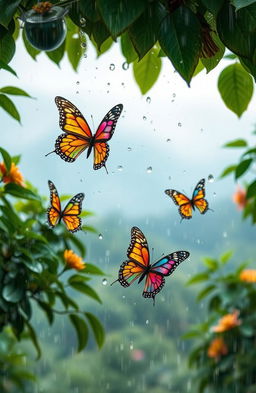 A beautiful scene of colorful butterflies fluttering gracefully in the rain