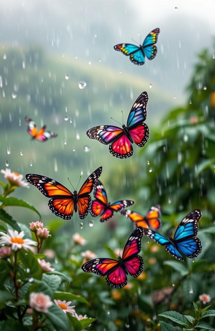 A beautiful scene of colorful butterflies fluttering gracefully in the rain