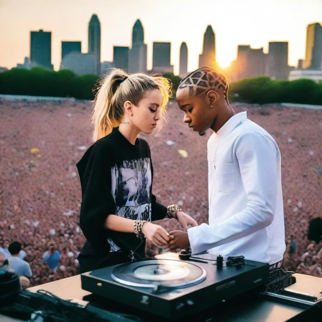 Jeff Mills and Miley Cyrus DJing at Hart Plaza during sunset, immersed in a sea of cheering fans, with the Detroit skyline blooming in the background