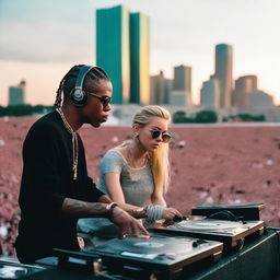 Jeff Mills and Miley Cyrus DJing at Hart Plaza during sunset, immersed in a sea of cheering fans, with the Detroit skyline blooming in the background