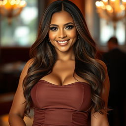 A captivating portrait of a busty woman with long flowing hair, dressed in a form-fitting elegant dress that accentuates her curves