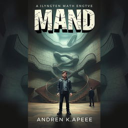 A psychological novel book cover that explores themes of madness and being lost in an imaginary mathematical mind, with the setting of a mind represented as an intricate, labyrinthine building
