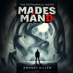 A psychological novel book cover that explores themes of madness and being lost in an imaginary mathematical mind, with the setting of a mind represented as an intricate, labyrinthine building