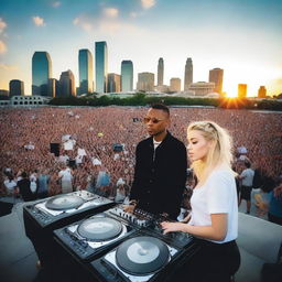 Jeff Mills and Miley Cyrus DJing at Hart Plaza during sunset, immersed in a sea of cheering fans, with the Detroit skyline blooming in the background