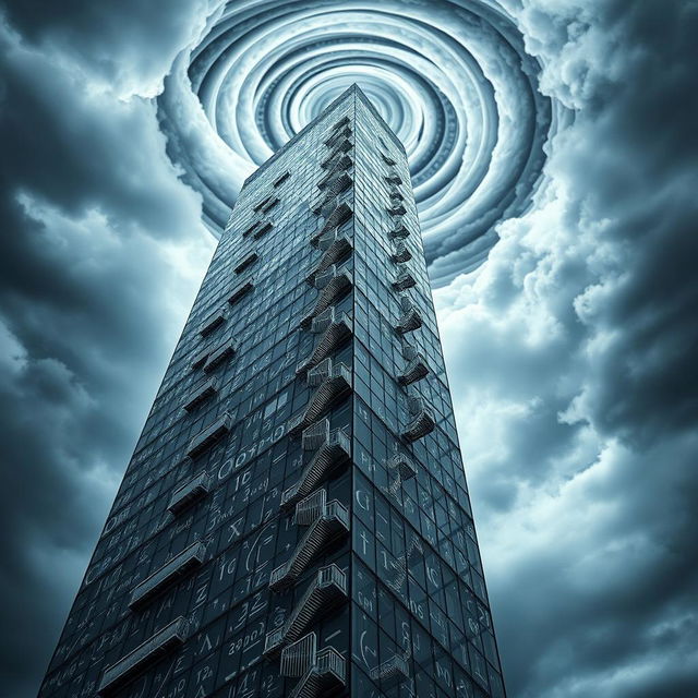 A psychological novel book cover depicting themes of madness and being lost in an imaginary mathematical mind, set within the confines of a towering skyscraper