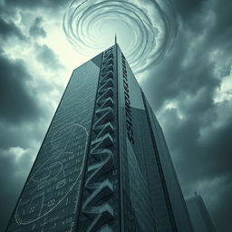 A psychological novel book cover depicting themes of madness and being lost in an imaginary mathematical mind, set within the confines of a towering skyscraper