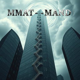 A psychological novel book cover depicting themes of madness and being lost in an imaginary mathematical mind, set within the confines of a towering skyscraper