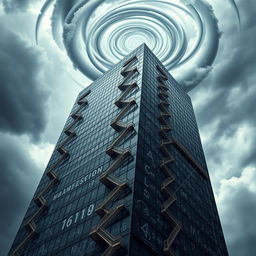 A psychological novel book cover depicting themes of madness and being lost in an imaginary mathematical mind, set within the confines of a towering skyscraper