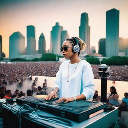 DJ Jeff Mills and Miley Cyrus intensely DJing at Hart Plaza amidst eager spectators, under a bright sunset with Detroit's iconic skyline accentuating the background