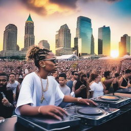 DJ Jeff Mills and Miley Cyrus intensely DJing at Hart Plaza amidst eager spectators, under a bright sunset with Detroit's iconic skyline accentuating the background