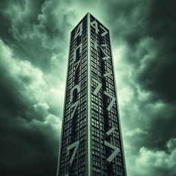 A psychological novel book cover that conveys themes of madness and being lost in an imaginary mathematical mind, symbolized through a towering skyscraper