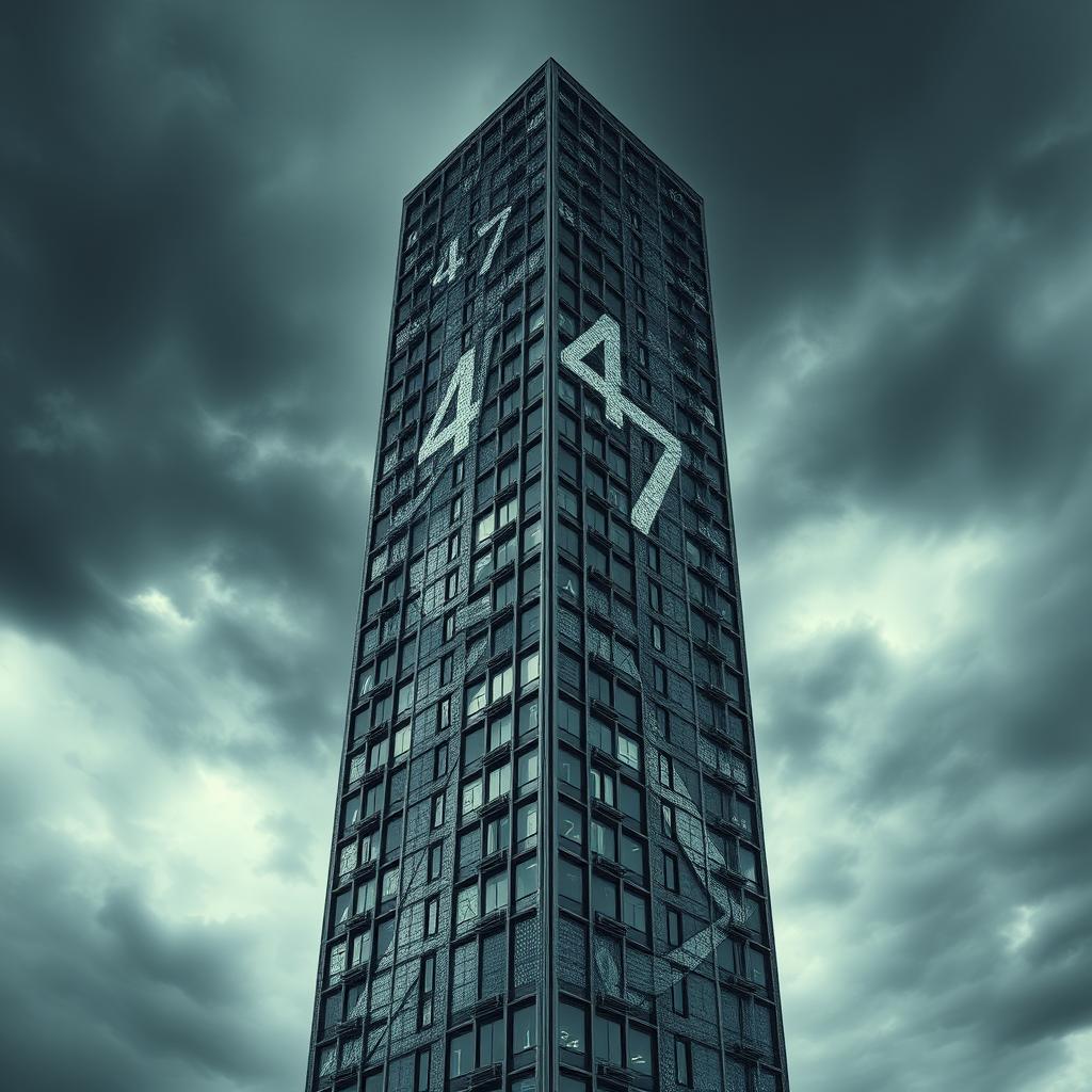 A psychological novel book cover that conveys themes of madness and being lost in an imaginary mathematical mind, symbolized through a towering skyscraper