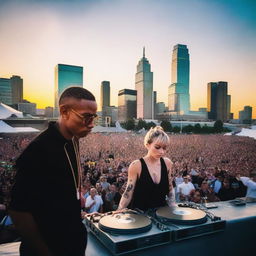 DJ Jeff Mills and Miley Cyrus intensely DJing at Hart Plaza amidst eager spectators, under a bright sunset with Detroit's iconic skyline accentuating the background