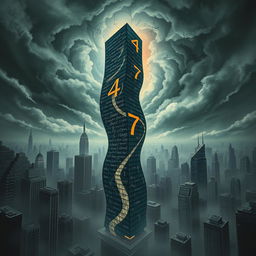 A psychological novel book cover that vividly depicts themes of madness and being lost in an imaginary mathematical mind, set within a chaotic cityscape dominated by towering skyscrapers