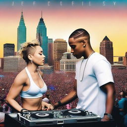 DJ Jeff Mills and Miley Cyrus intensely DJing at Hart Plaza amidst eager spectators, under a bright sunset with Detroit's iconic skyline accentuating the background